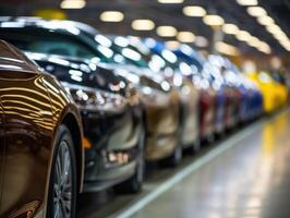 A close - up shot of a line of newly manufactured cars in a factory, showcasing their sleek and shiny exteriors. Generative AI photo