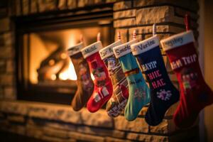 A close - up shot of a fireplace mantle adorned with a row of colorful and festive stockings. Generative AI photo