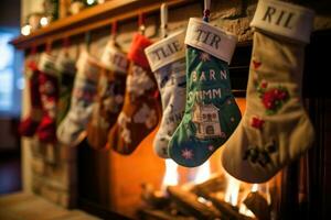 A close - up shot of a fireplace mantle adorned with a row of colorful and festive stockings. Generative AI photo