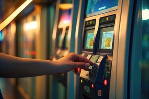 Close - up shot of a person tapping their contactless card on a bus or train ticketing machine, emphasizing the convenience and ease of using public transportation. Generative AI photo