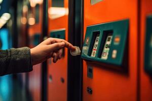 Close - up shot of a person tapping their contactless card on a bus or train ticketing machine, emphasizing the convenience and ease of using public transportation. Generative AI photo