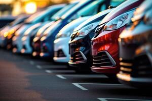 A close - up shot of a line of newly manufactured cars in a factory, showcasing their sleek and shiny exteriors. photo