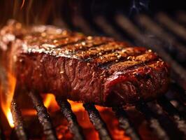 un cerca - arriba Disparo de un perfectamente A la parrilla filete candente en un parilla parrilla. generativo ai foto