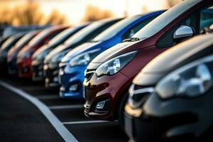 A close - up shot of a line of newly manufactured cars in a factory, showcasing their sleek and shiny exteriors. Generative AI photo