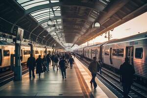 un amplio - ángulo Disparo de un ocupado tren estación plataforma durante pico horas, enfatizando el eficiencia y capacidad de público transporte. generativo ai foto