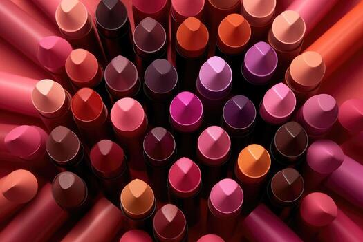 Still life shot of a collection of different lipstick shades arranged in a gradient pattern. photo