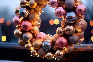 foto presentando un festivo guirnalda adornado con vibrante cintas, adornos, y centelleo luces. Navidad concepto. generativo ai