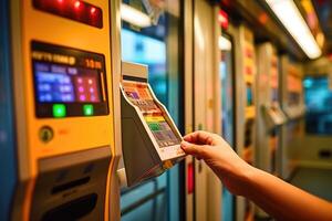 Close - up shot of a person tapping their contactless card on a bus or train ticketing machine, emphasizing the convenience and ease of using public transportation. Generative AI photo