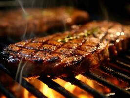A close - up shot of a perfectly grilled steak sizzling on a barbecue grill.  Generative AI photo