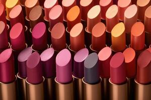 Still life shot of a collection of different lipstick shades arranged in a gradient pattern. Generative AI photo