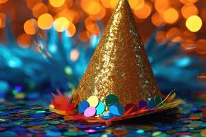 A close - up shot of a New Year's party hat with colorful sequins and a vibrant tassel. Generative AI photo