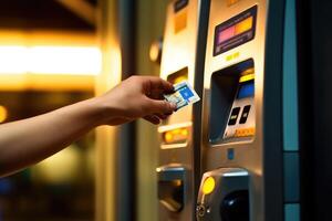 Close - up shot of a person tapping their contactless card on a bus or train ticketing machine, emphasizing the convenience and ease of using public transportation. photo