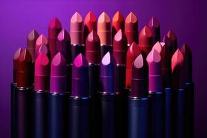 Still life shot of a collection of different lipstick shades arranged in a gradient pattern. Generative AI photo