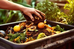 Close - up shot of a person using a compost bin to dispose of organic waste. photo