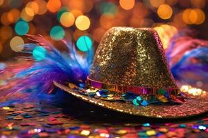 un cerca - arriba Disparo de un nuevo años fiesta sombrero con vistoso lentejuelas y un vibrante borla. generativo ai foto