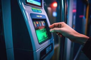 Close - up shot of a person tapping their contactless card on a bus or train ticketing machine, emphasizing the convenience and ease of using public transportation. Generative AI photo