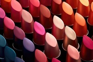 Still life shot of a collection of different lipstick shades arranged in a gradient pattern. photo