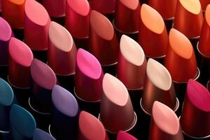 Still life shot of a collection of different lipstick shades arranged in a gradient pattern. Generative AI photo