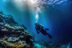 Photo of a diver descending into the depths of the ocean, surrounded by an expansive underwater landscape. Generative AI