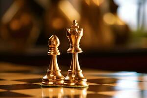 un cerca - arriba Disparo de un oro reina ajedrez pedazo, en pie con confianza en un tablero de ajedrez. generativo ai foto