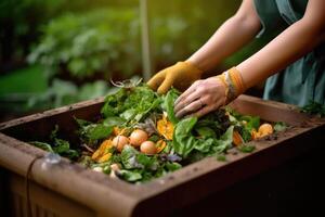 Close - up shot of a person using a compost bin to dispose of organic waste. Generative AI photo