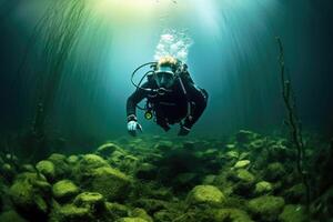 Photo of a diver descending into the depths of the ocean, surrounded by an expansive underwater landscape. Generative AI