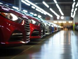 A close - up shot of a line of newly manufactured cars in a factory, showcasing their sleek and shiny exteriors. photo