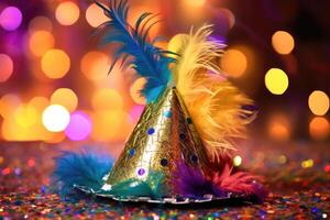 A close - up shot of a New Year's party hat with colorful sequins and a vibrant tassel. photo