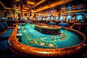A close - up shot of a blackjack table in a casino, highlighting the vibrant colors of the cards and the sleek surface of the table. photo