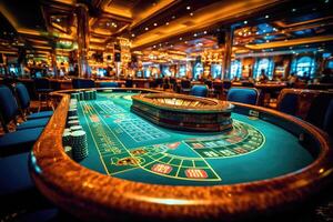 A close - up shot of a blackjack table in a casino, highlighting the vibrant colors of the cards and the sleek surface of the table.  Generative AI photo