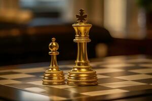 A close - up shot of a gold queen chess piece, standing confidently on a chessboard.  Generative AI photo