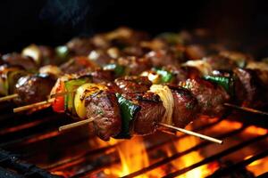 A close - up shot of a skewer loaded with marinated kebabs grilling over an open flame. Generative AI photo