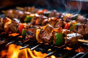 A close - up shot of a skewer loaded with marinated kebabs grilling over an open flame. Generative AI photo