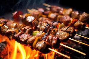 A close - up shot of a skewer loaded with marinated kebabs grilling over an open flame. photo