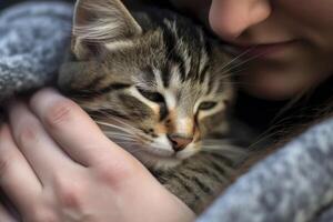 A close - up shot of a woman's hands gently petting a cat at an animal shelter. Generative AI photo