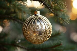 un cerca - arriba Disparo de un reluciente nuevo años ornamento colgando desde el ramas de un Navidad árbol. generativo ai foto
