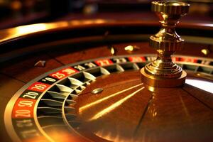 un cerca - arriba Disparo de un ruleta mesa en un casino, destacando el hilado rueda y vistoso apuesta papas fritas. generativo ai foto