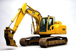 A close - up shot of a yellow excavator against isolated on a white background. photo