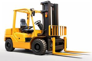 A close - up shot of a yellow forklift isolated on a white background. photo