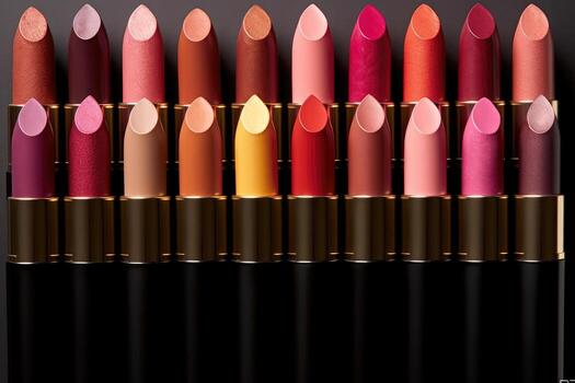 Still life shot of a collection of different lipstick shades arranged in a gradient pattern. photo