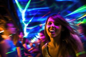 The vibrant energy of a crowded nightclub with colorful lights and pulsating music. Motion blur, highlighting the dynamic dance moves of the beautiful girls and guys. Generative AI photo