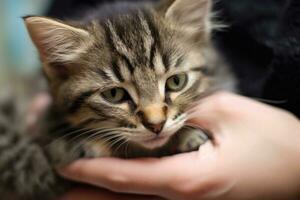 A close - up shot of a woman's hands gently petting a cat at an animal shelter. Generative AI photo