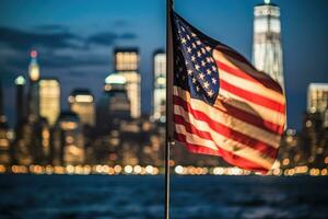 un cerca - arriba Disparo de un americano bandera suavemente ondulación en el primer plano, con el icónico nuevo York ciudad horizonte iluminado en el antecedentes. generativo ai foto