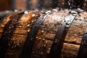 A close - up shot of an old wooden barrel in a wine vault cellar, showcasing the rich texture and aged patina of the wood. photo