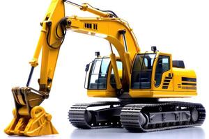 A close - up shot of a yellow excavator against isolated on a white background. photo