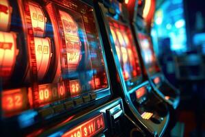 A close - up shot of a row of slot machines in a casino, showcasing their flashing lights and inviting buttons. Generative AI photo