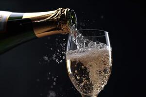 A close - up shot of a silver champagne bottle popping open, releasing sparkling bubbles into the air. photo