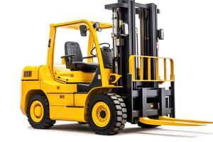 A close - up shot of a yellow forklift isolated on a white background. photo