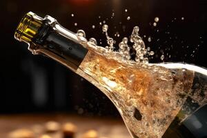 A close - up shot of a silver champagne bottle popping open, releasing sparkling bubbles into the air. photo
