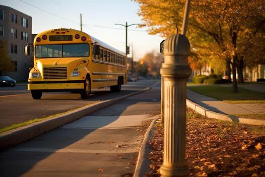 A wide - angle shot of a school bus stop sign with an empty sidewalk in the background. photo